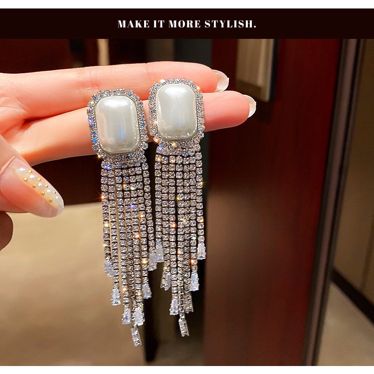 Bông Tai Bạc 925 Dáng Dài Đính Kim Cương Lấp Lánh Phong Cách Hàn Quốc Mới