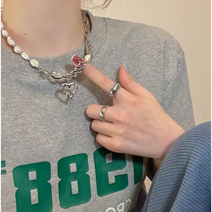 Vòng cổ Thép Không Gỉ Mặt Hình Trái Tim Đính Ngọc Trai Phong Cách Hàn Quốc