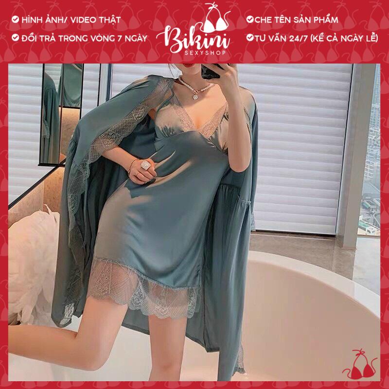 ❣️ SET CHOÀNG NGỦ LỤA VÁY 2 DÂY PHỐI REN QUẢNG CHÂU FREESIZE MÀU ĐỎ/ HỒNG/ XANH/ NÂU SN01