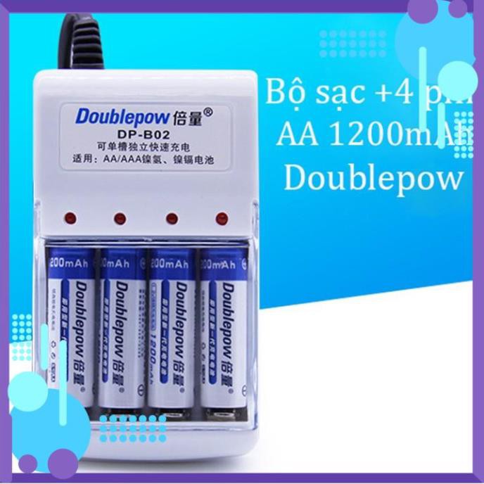 Combo bộ sạc đa năng Doublepow tặng kèm 4 pin tiểu sạc Doublepow AA 1200 mAh - Bộ sạc pin tiểu đa năng Doublepow DP-B02