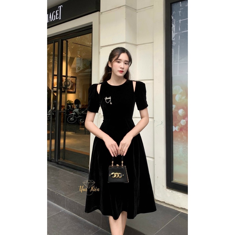 Váy nhung công sở dự tiệc nữ dáng xòe rúm bồng tay sẻ vai cổ tròn sang trọng , đầm nhung thiết kế MQ Boutique cao cấp