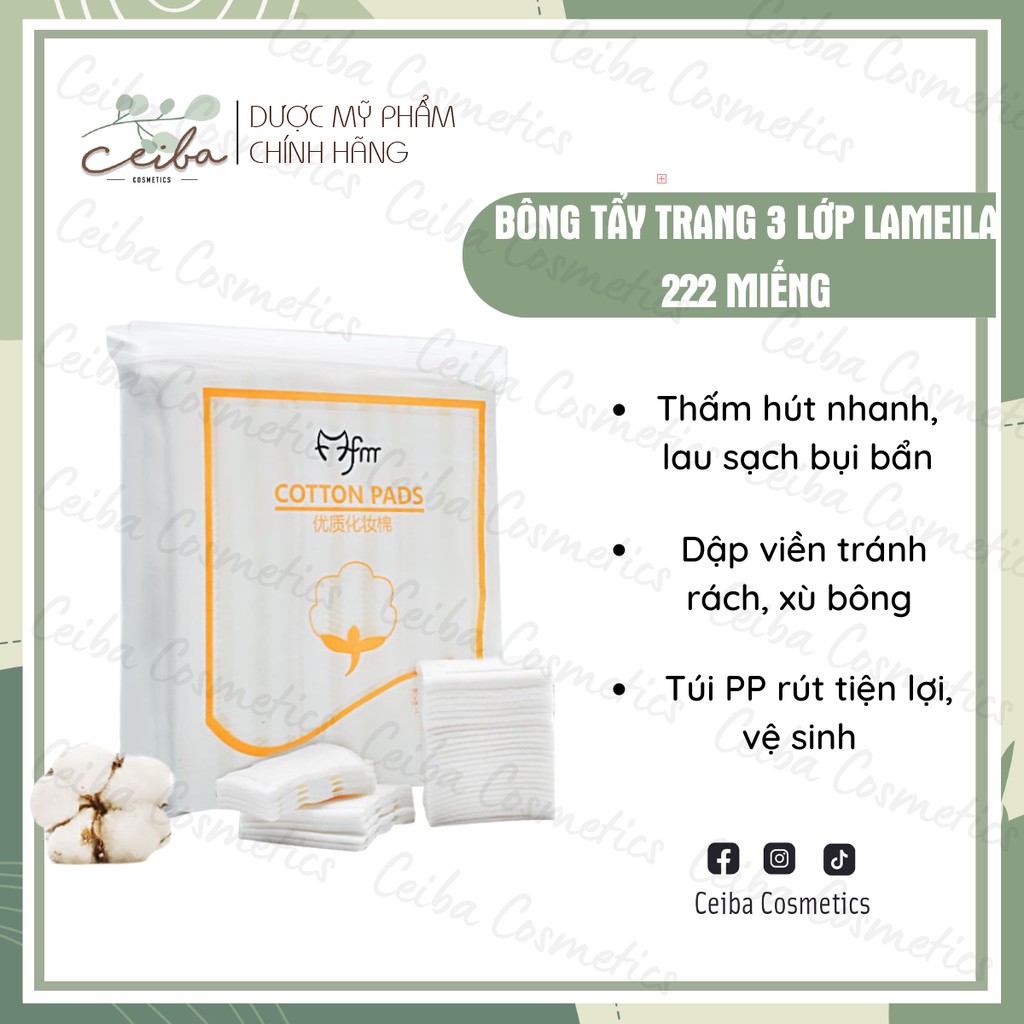 [MÃ SR0914 giảm 20K đơn 0đ] Bông tẩy trang 3 Lớp Cotton Pads Lameila 222 miếng