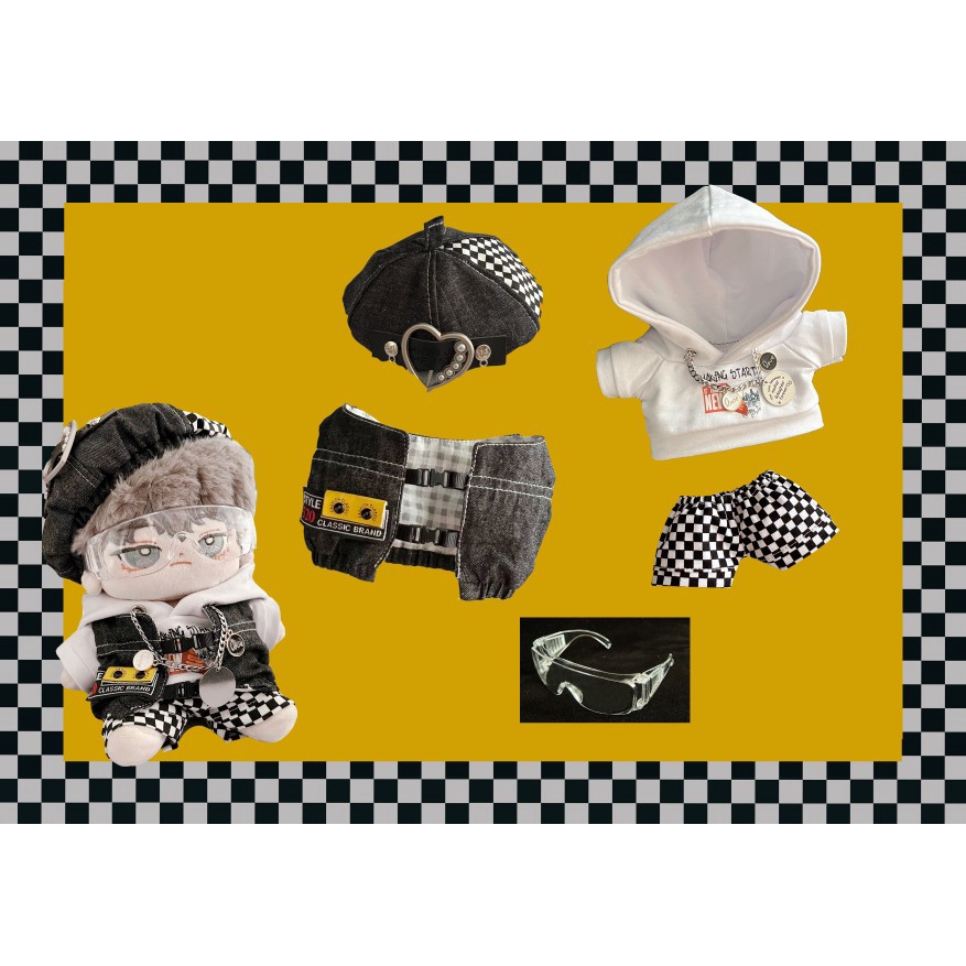 Bộ đồ denim pha caro cho bé doll 15cm 20cm 40cm