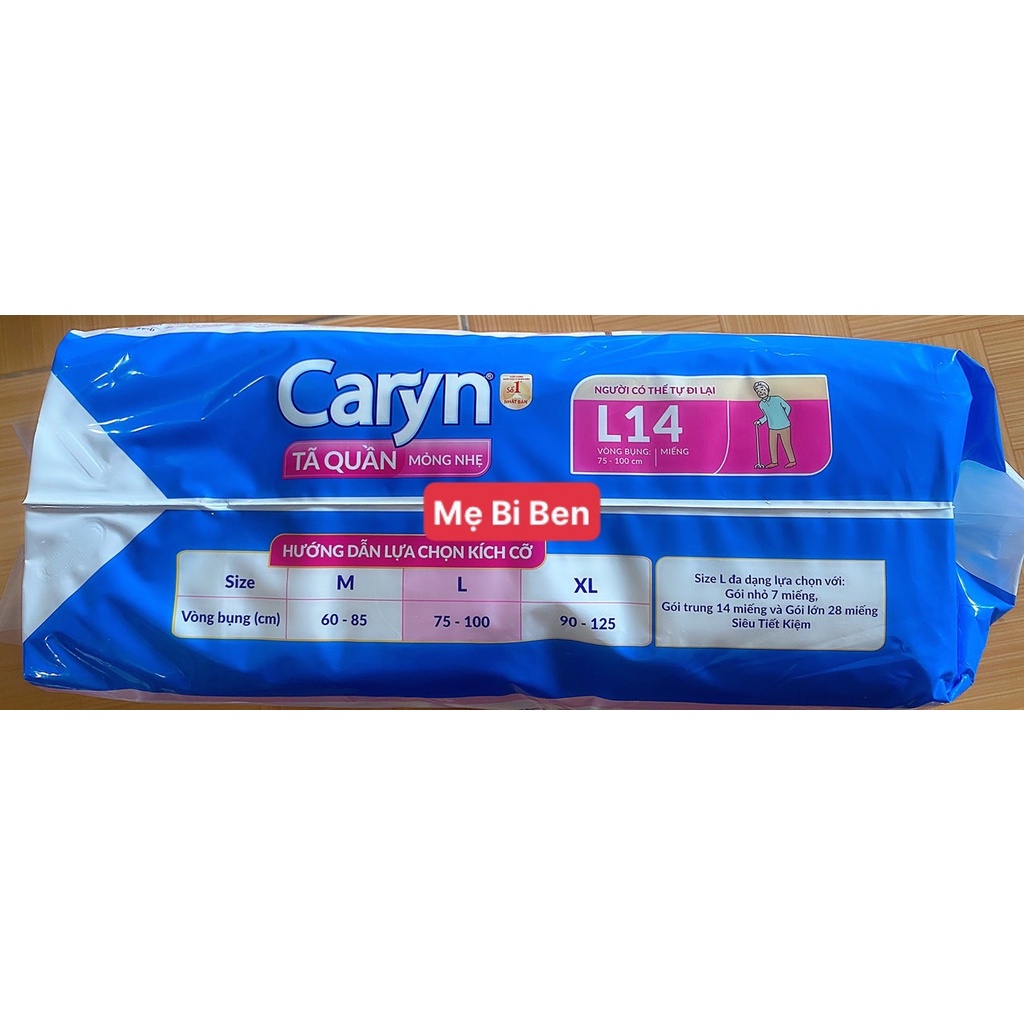 [ĐỦ SIZE] Tã quần Caryn người lớn mỏng nhẹ size M8/L7/M16/L14/XL6/XL12 miếng