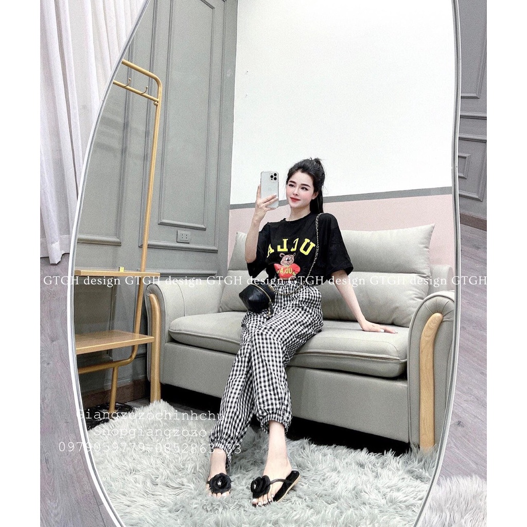 [ SIÊU PHẨM 2022 ] BỘ NỮ ÁO ĐEN GẤU UCLA QUẦN BOM KẺ CARO - ZADOLA FASHION