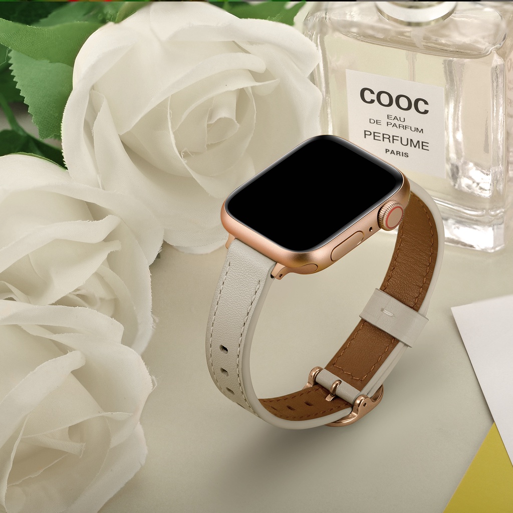 Dây đeo đồng hồ bằng da mỏng sang trọng thích hợp cho Apple Watch Series 7 6 5 SE 4 3 2 44mm 40mm 41mm 42mm 38mm 45mm