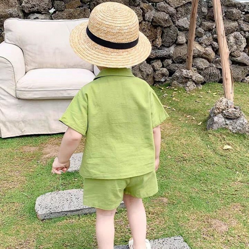 Bộ Quần Áo Cho Bé Habi Fashion Chất Liệu Đũi Trơn Cổ Vest Đi Biển Bé Trai, Bé Gái 10-20Kg