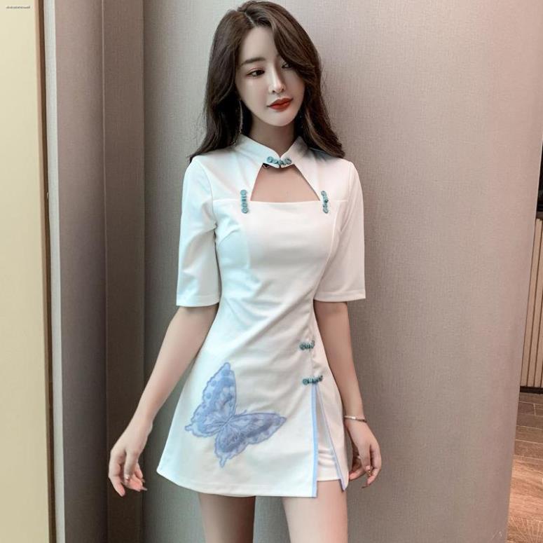 SAN ◊﹉❍Hộp đêm váy mỏng và che bụng yếm sườn xám sexy hở lưng quần áo làm việc ban đêm của phụ nữ hộp đêm ;