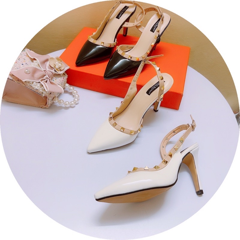 (Giày công sở) Giày sandal cao gót mũi nhọn da bóng viền đinh gót nhọn 8phân