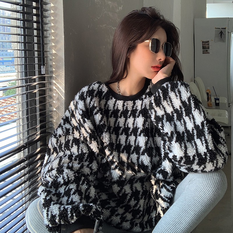 Ảnh thật 4 hình cuối-2W19.Áo len giả lông cừu Houndstooth phong cách Hàn Quốc