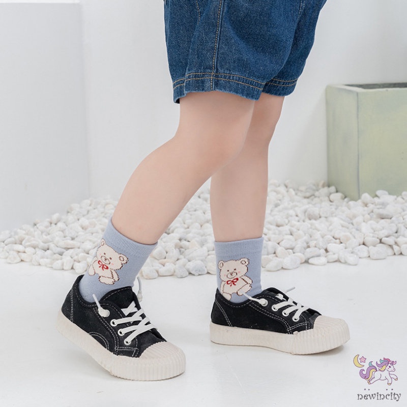 Set 5 Đôi Tất Cotton Dài Trung Bình Chống Trượt Chống Rơi Phong Cách Hàn Quốc Cho Bé