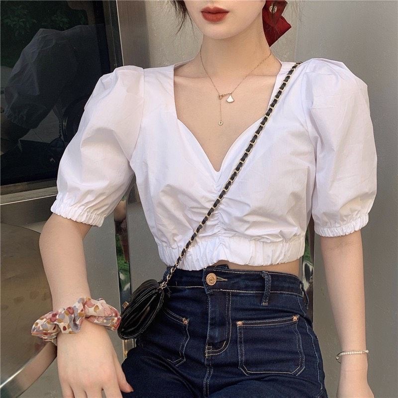 Áo croptop tay ngắn bo eo tay bồng - AO066