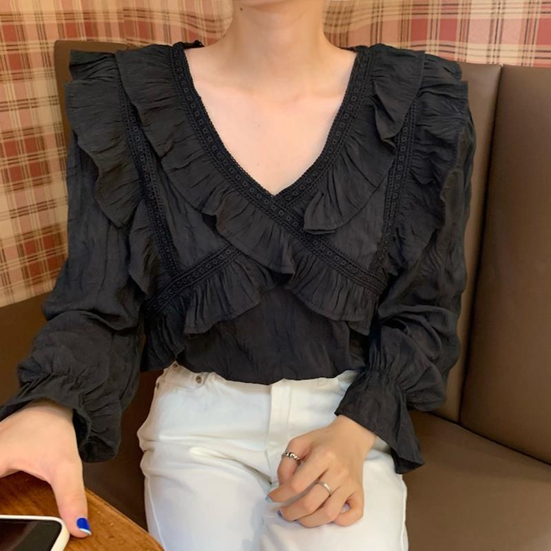 Áo Sơ Mi Tay Dài Cổ Chữ V Dáng Rộng Xếp Ly Thời Trang Mùa Thu Hàn Quốc Mới