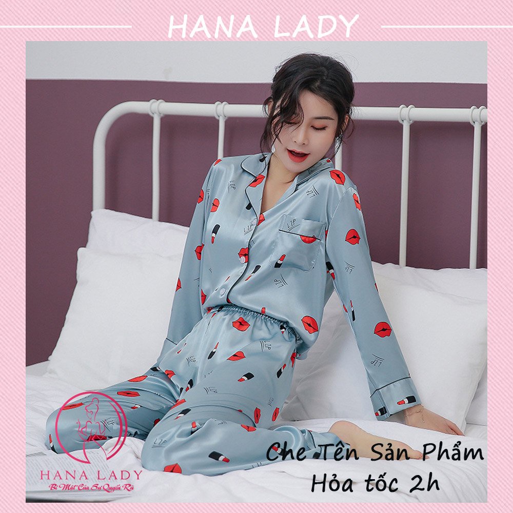 Đồ bộ mặc nhà cao cấp - Đồ ngủ pijama lụa họa tiết môi son PJ536