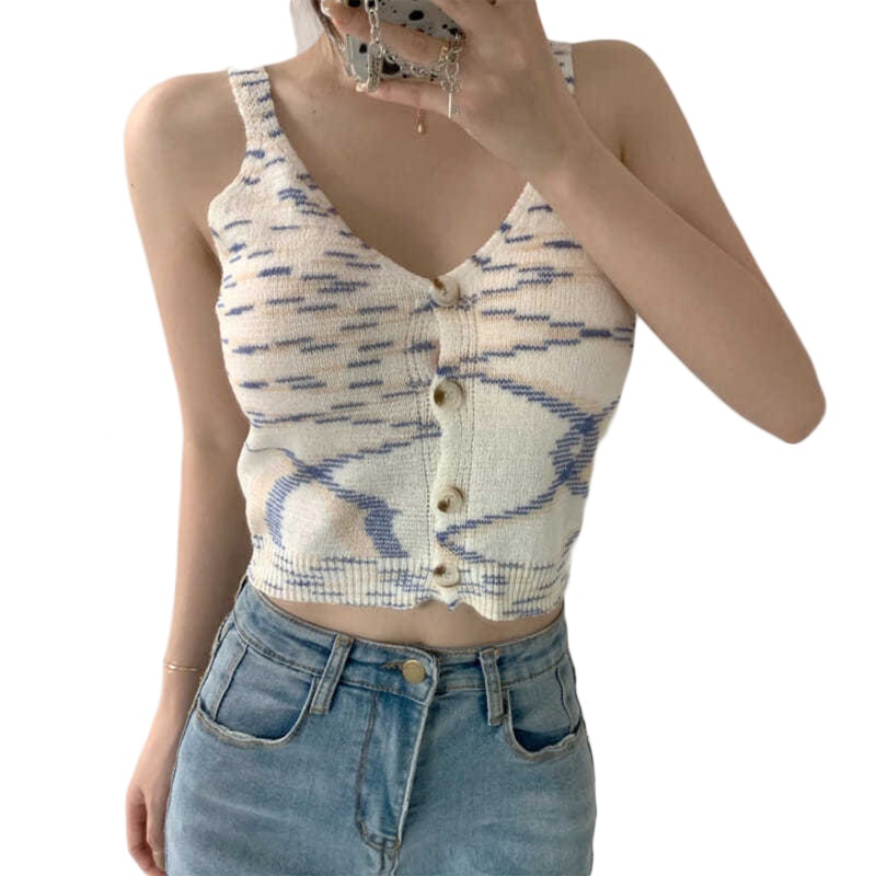 Áo Croptop Dệt Kim Không Tay Cổ Chữ V Họa Tiết Kẻ Sọc Nhiều Màu Sắc Phong Cách Vintage