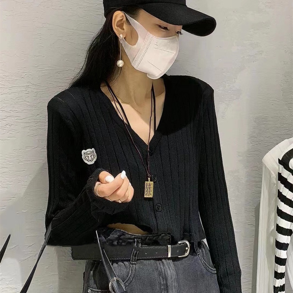 SUXI Áo Cardigan Dệt Kim Tay Dài Cổ Chữ V Màu Sắc Thanh Lịch