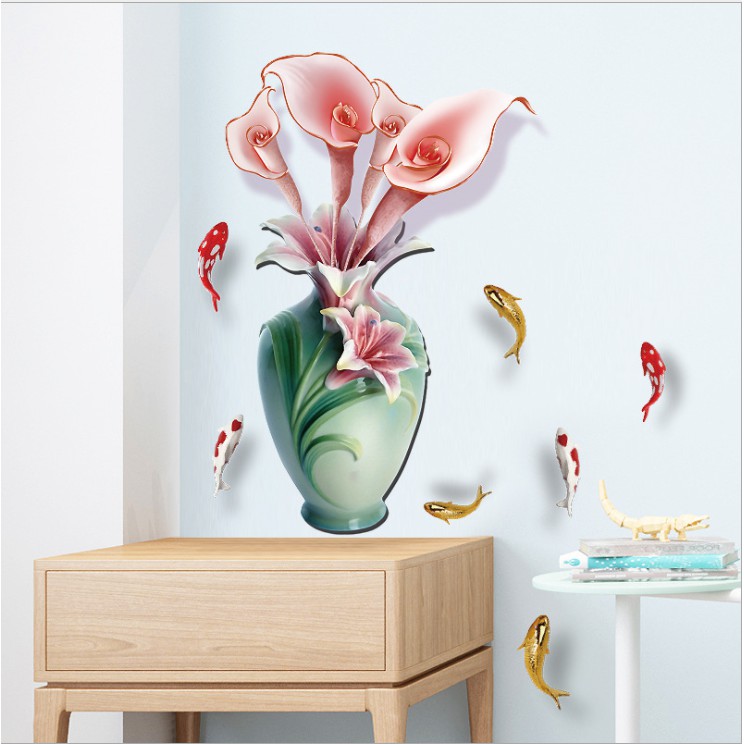 Decal trang trí tường - Chậu Hoa sứ xanh và Hoa liLy hồng nhạt 3D