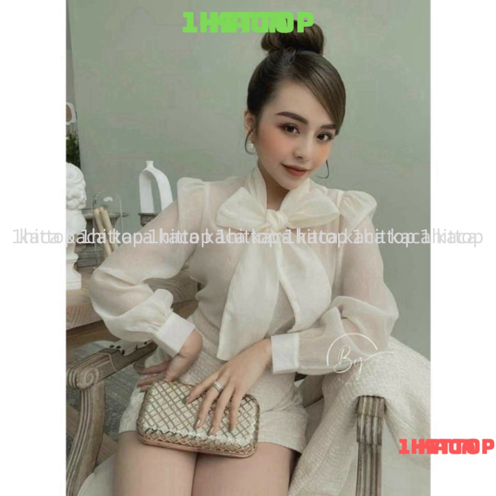 Áo sơ mi tay bồng cổ nơ khuy ngọc tiểu thư nhiều màu sắc kaca 1hittop