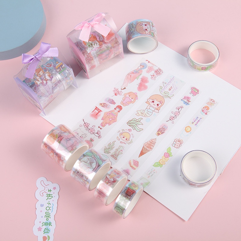 Set Băng Keo Cute Mini PVC Trong Suốt Trang Trí, Hộp Gift Box Dễ