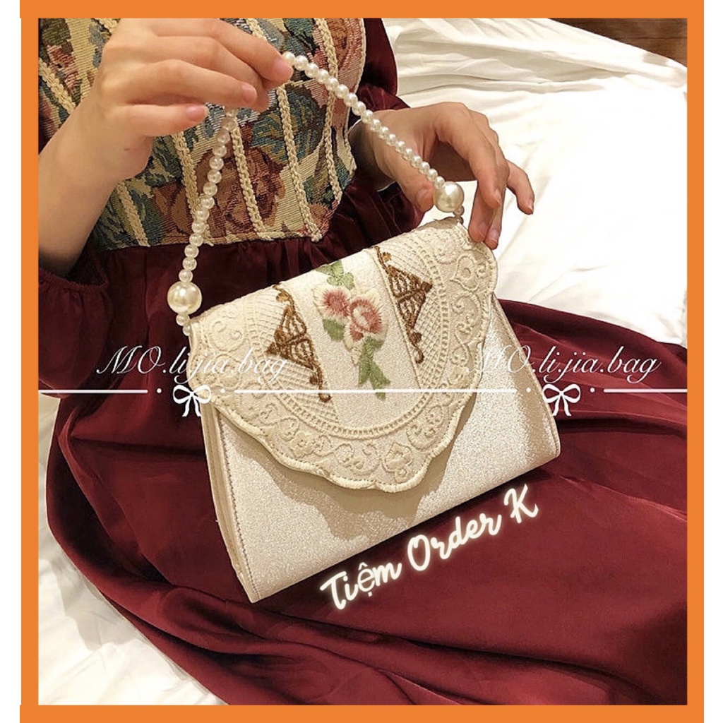 ♥️Túi Xách Hoa Vintage Dây Ngọc(ảnh thật)Size 23x19x5cm