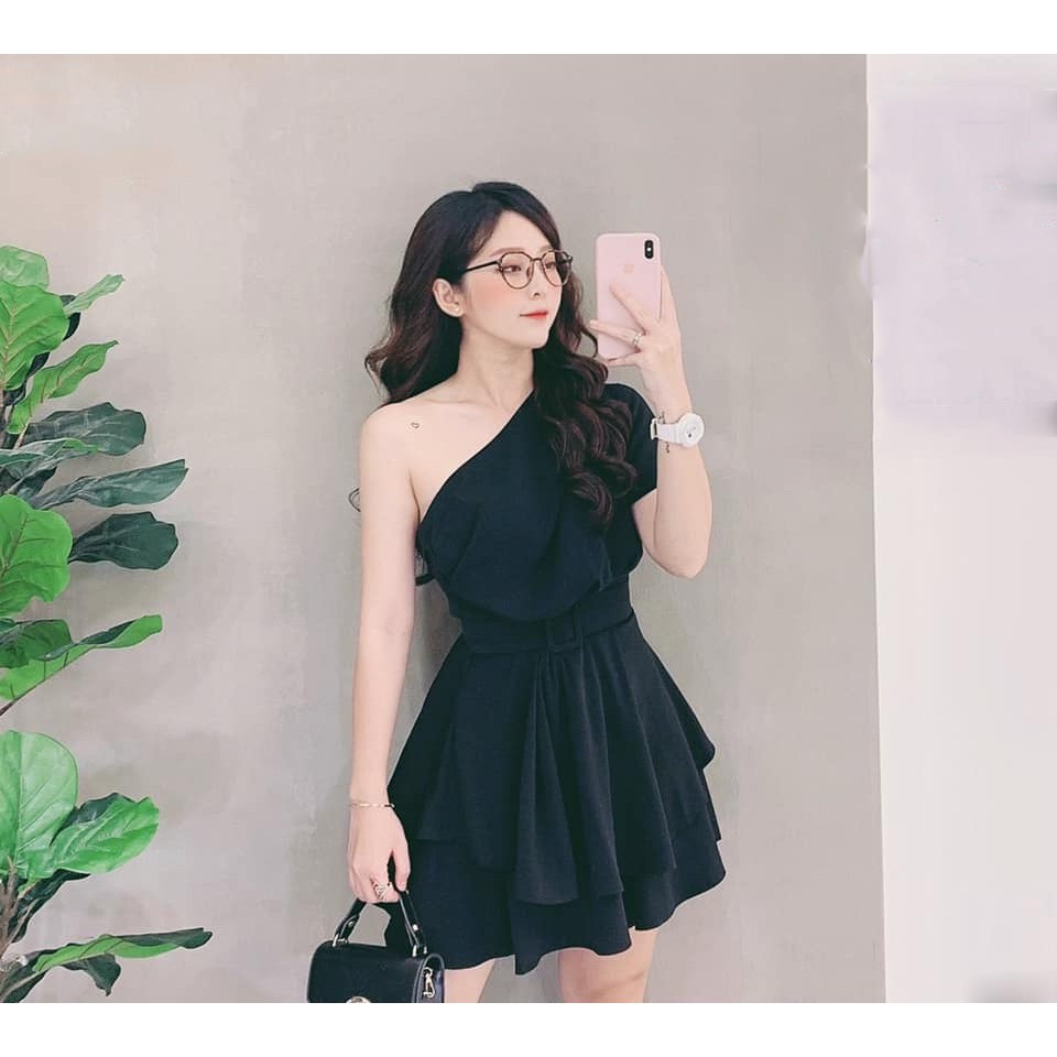 (VIDEO+HÌNH THẬT) Váy Đầm Lệch Vai + Belt ( TRẮNG+ĐEN ) | BigBuy360 - bigbuy360.vn