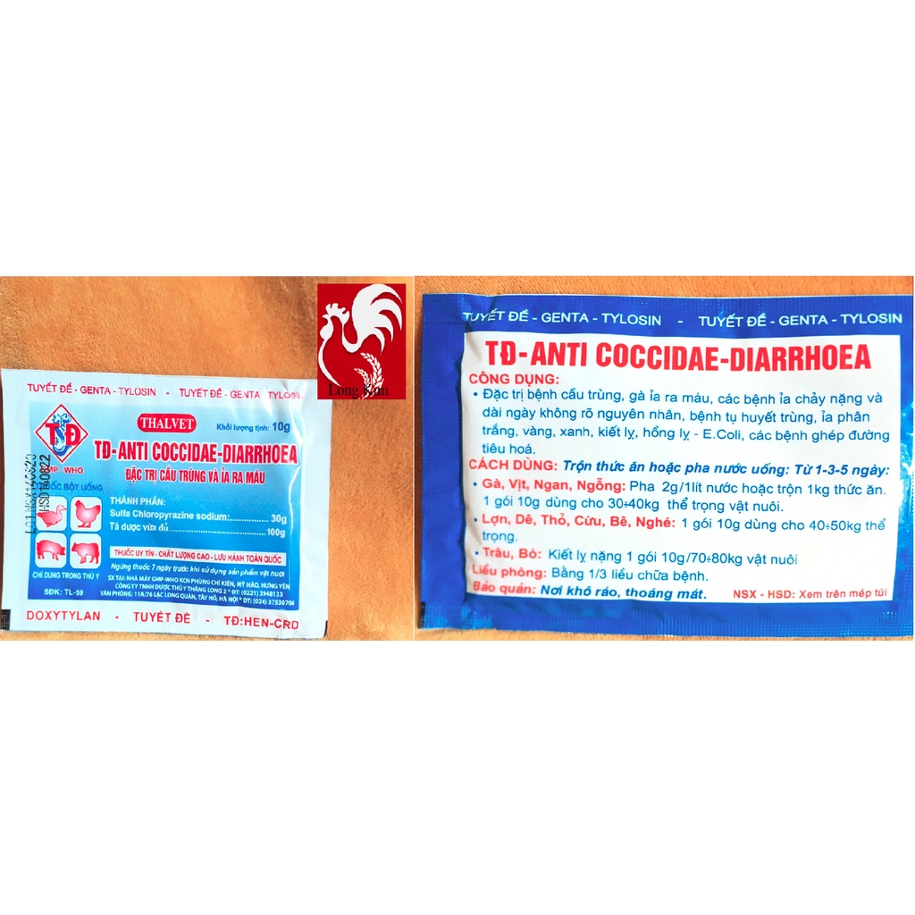 TĐ-Anti Cocciadae-Diarrhoea gói 10g Cầu Trùng Ỉa ra má.u dùng cho gà, vịt, lợn, dê, thỏ, trâu, bò