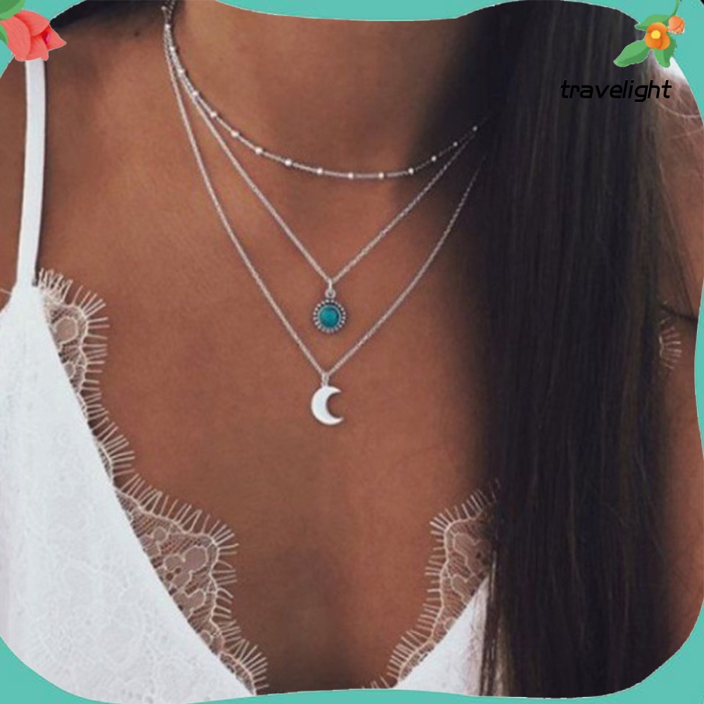 Vòng cổ Nhiều Tầng Mặt Hình Trăng Khuyết Đính Đá Ngọc Lam Nhân Tạo Cho Nữ