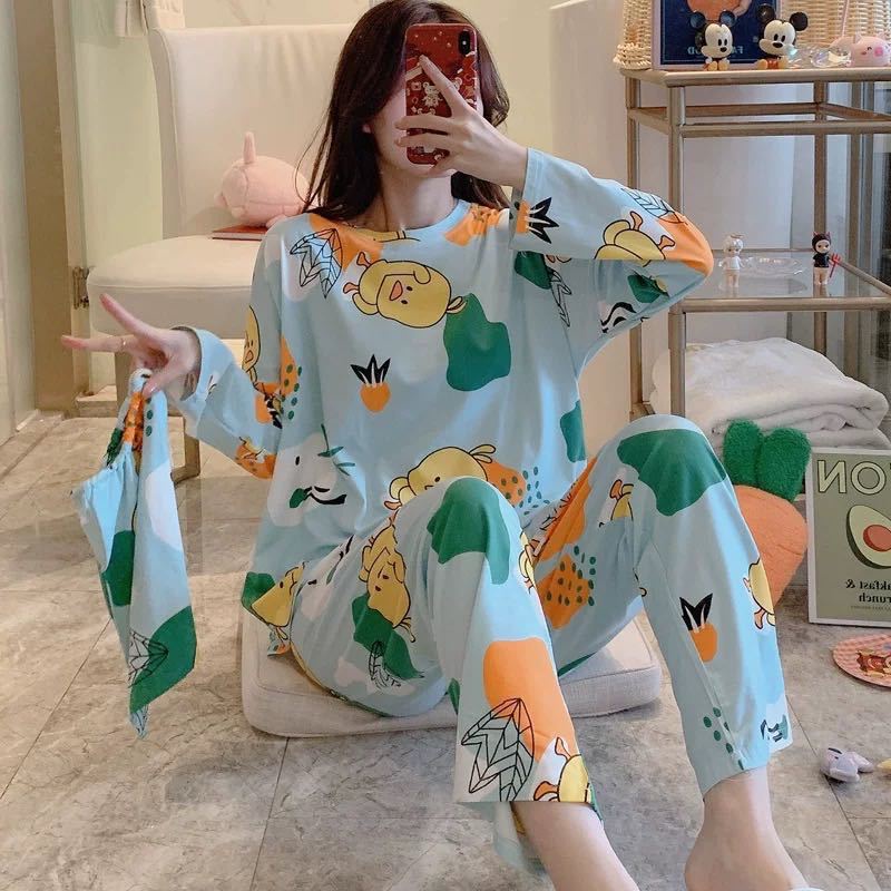 Đồ Ngủ Nữ,Quần Áo Ngủ Nữ Tay Dài In Họa Tiết Hoạt Hình Size L,XL (Không bao gồm túi rút)