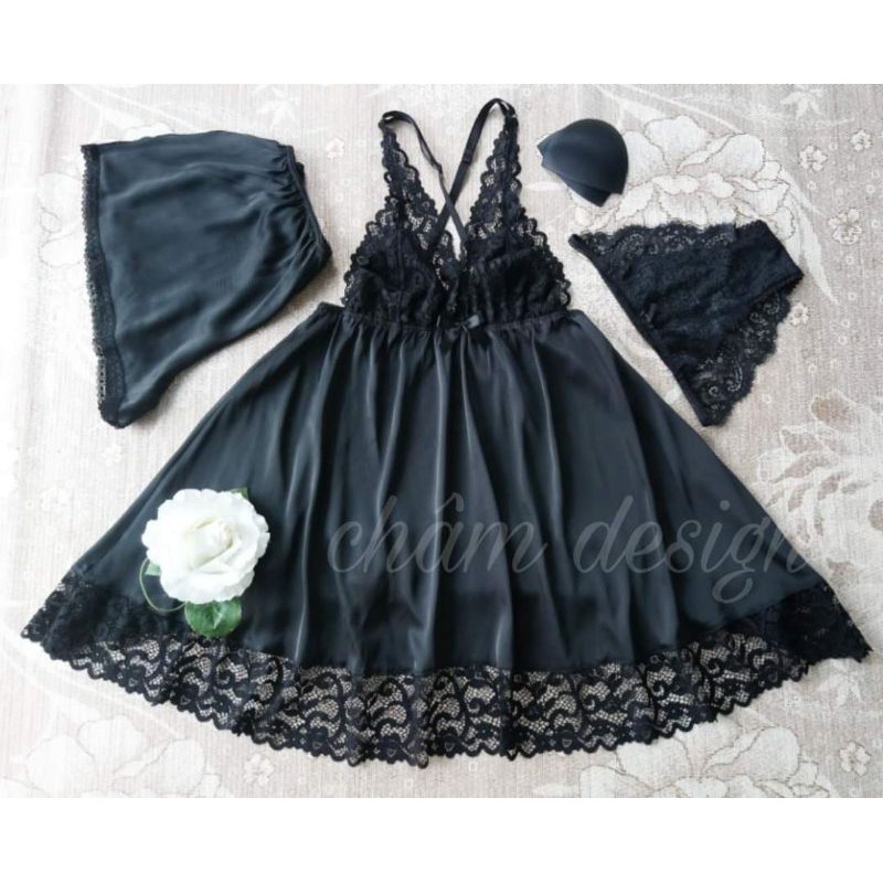 váy ngủ lụa satin đen chân ren độc lạ, hàng thiết kế độc quyền