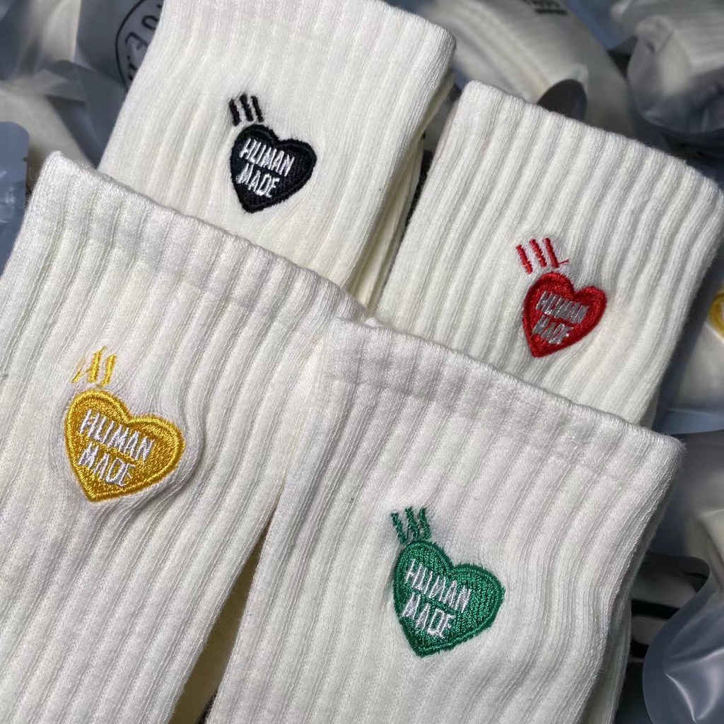 HUMAN MADE Tất Vớ Cotton Cổ Vừa Thêu Họa Tiết Trái Tim Phong Cách Nhật Bản Dễ Thương Thời Trang