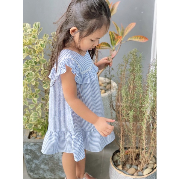 Váy Lennco xốp kẻ xanh da trời cho bé gái