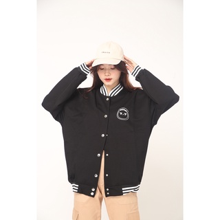 Áo khoác nỉ BOMBER thêu emoji form rộng unisex nam nữ hai màu Đen BOTEE