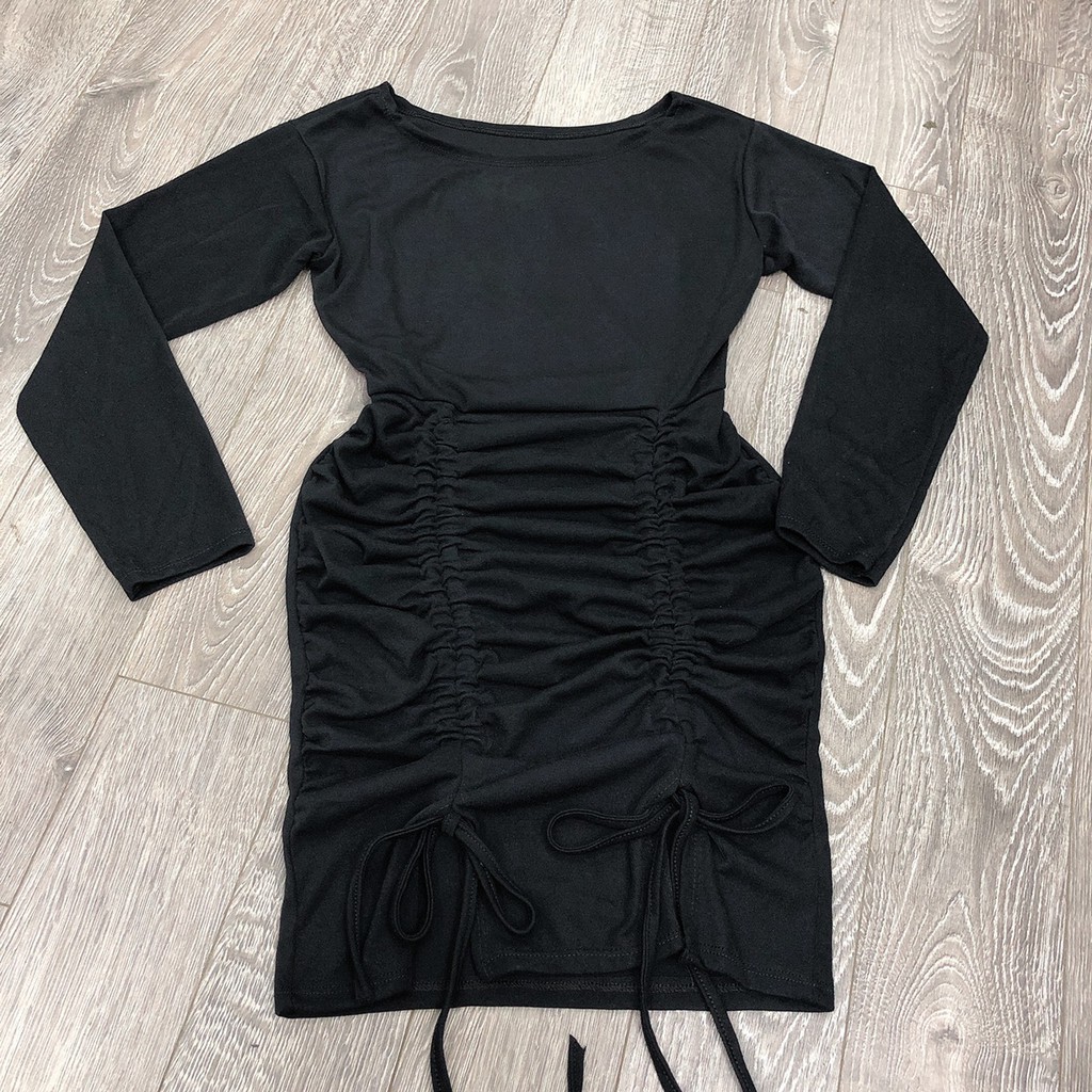 Váy đầm len tăm body rút dây💟FREESHIP💟mẫu váy đầm body dài tay lệch vai dây rút tôn dáng cực xinh-L027 | BigBuy360 - bigbuy360.vn