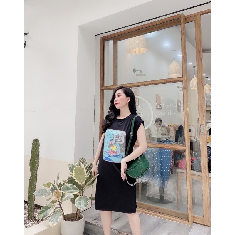 Váy suông in hình chú chó mũ hồng from rộng