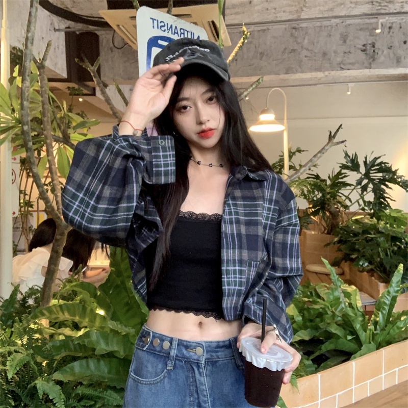 ZHELIHANGFEI Áo Sơ Mi Tay Dài Họa Tiết Sọc Caro Phong Cách Retro Thời Trang