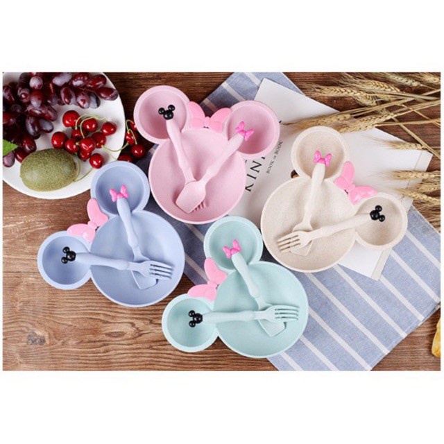 Khay Ăn Dặm, Bát Ăn Dặm Lúa Mạch Hình Micky Siêu Đẹp, Bộ Bát Kèm Thìa Dĩa