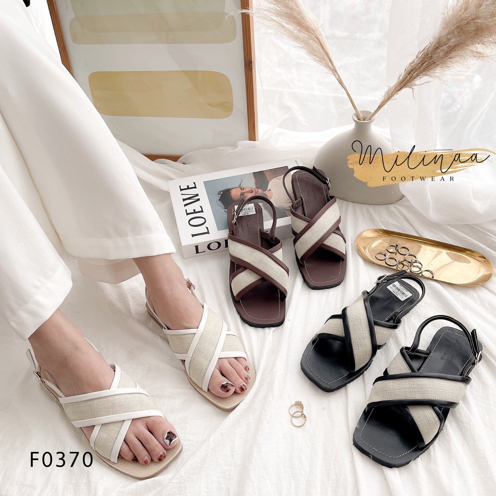 [Mã FAMARAL1 giảm 10K đơn 50K] GIÀY SANDAL NỮ ĐẾ BỆT HAI QUAI CHÉO TO PHỐI NỈ HẬU GÀI F0370