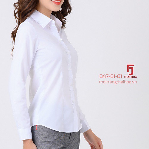 Áo sơ mi nữ công sở dài tay, màu trắng chất vải cotton  Áo sơ mi nữ Thái Hòa 047-01-01