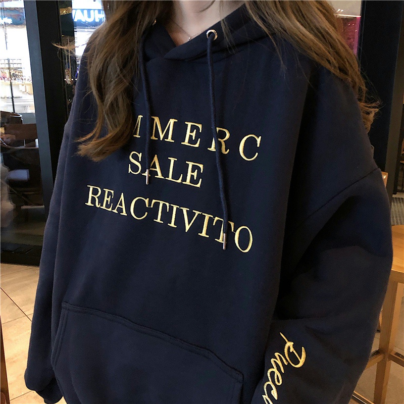 Áo hoodie SUXI dáng rộng thêu họa tiết chữ cái phong cách Hàn Quốc retro thời trang mới dành cho nữ