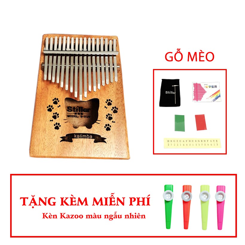 Đàn Kalimba 17 phím WOIM Gỗ Mèo Tặng kèm kèn Kazoo