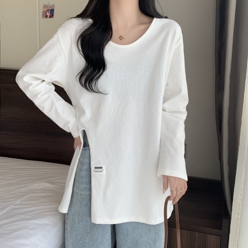 ZHELIHANGFEI Áo Thun Tay Dài Dáng Rộng Xẻ Tà Dễ Phối Đồ Thời Trang