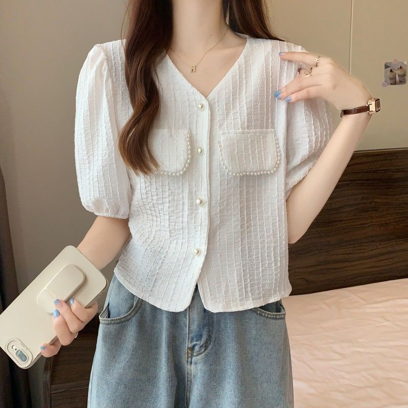 Áo Sơ Mi Ngắn Tay Cổ Chữ V Đính Ngọc Trai Thời Trang Mùa Hè Mới