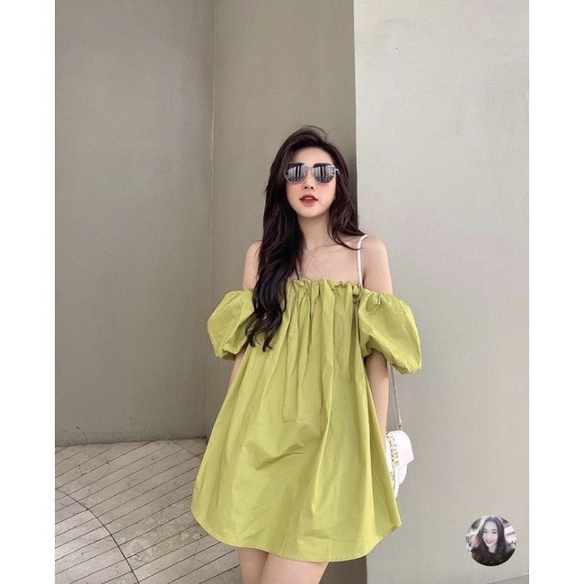 Áo trễ vai tay bồng lỡ- đầm babydoll  giấu quần hở vai màu XANH CỐM chất thô mềm phong cách ulzzang . MET SHOP