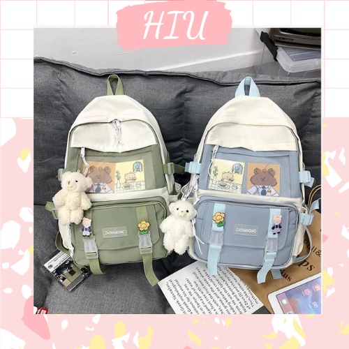 Balo phối màu ulzzang đi học cho học sinh cấp 2 cấp 3 và đại học kèm sticker và móc khóa - B1177