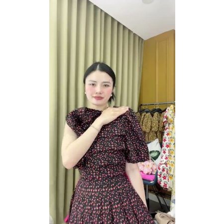Sale Đầm lụa hoa nhí tay phồng, xếp ly ngực dễ thương 2 lớp mềm mịn freesize dưới 54 ký