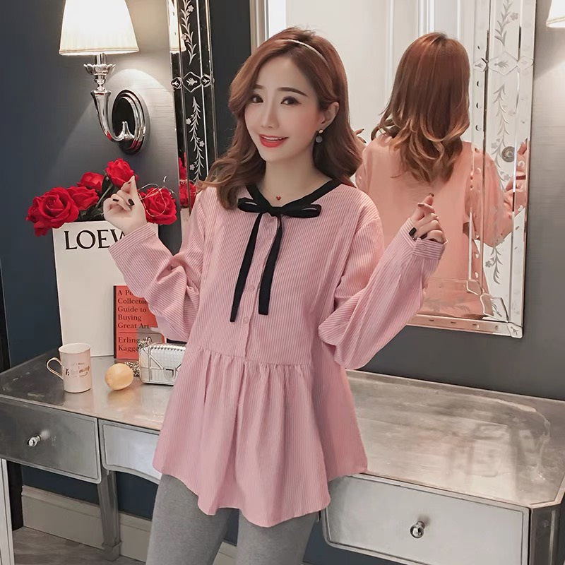 Áo bầu dài tay Chicmom cổ thắt nơ, chất kẻ thô, 2 màu xanh hồng cực xinh CM09