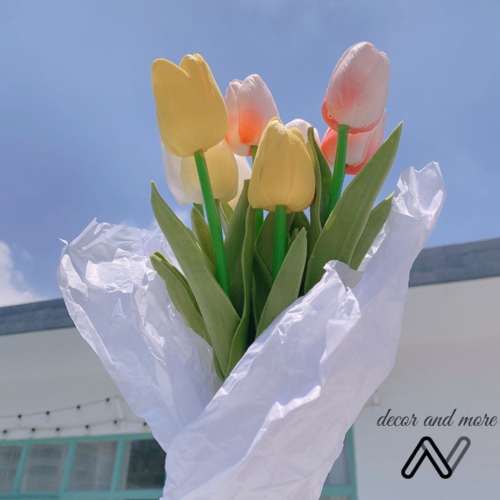 Hoa tulip giả, tulip lá xoăn giống thật trang trí, phụ kiện decor chụp ảnh ANDECOR