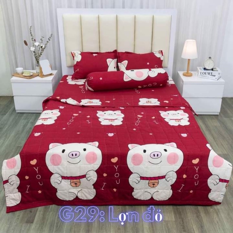 Bộ ga gối 1m2/1m4/1m6, gồm 1 ga chun kèm 2 vỏ gối nằm- Mẫu Lợn Đỏ