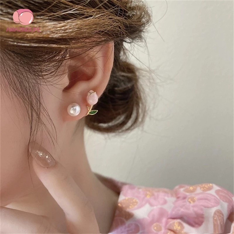 Bông Tai Hình Hoa Tulip Đính Ngọc Trai Giả Sang Trọng Cho Nữ