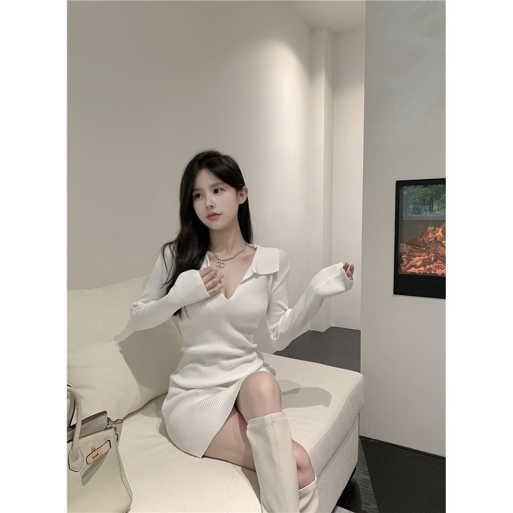 Váy len dệt kim dài tay thiết kế bó sát thời trang nữ phong cách gợi cảm tối giản hàng Quảng Châu 2021